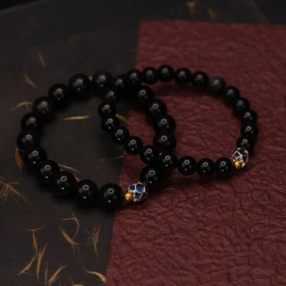 NWT: Natual Obsidian Lotus Mala Bead Bracelet - Picture 2 of 4